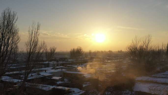 冬季村庄落日晚霞