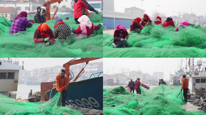 【4K】海边织网和渔民拉网