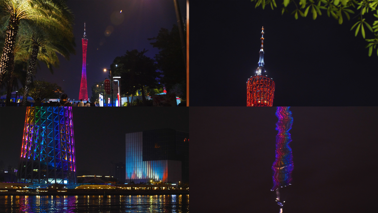 广州小蛮腰广州塔珠江边夜景4k素材视频