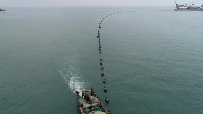 海南侧放海缆海上工作电网作业平台海南航拍