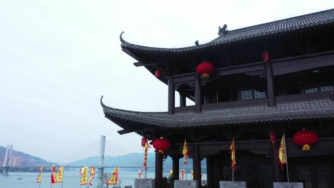 4K航拍中国风古建筑三国文化古楼城墙帅旗