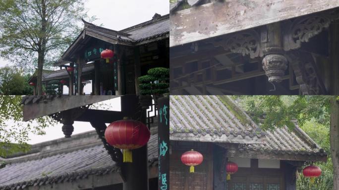 4K实拍古建筑中国风木屋悬梁雕刻艺术灯笼