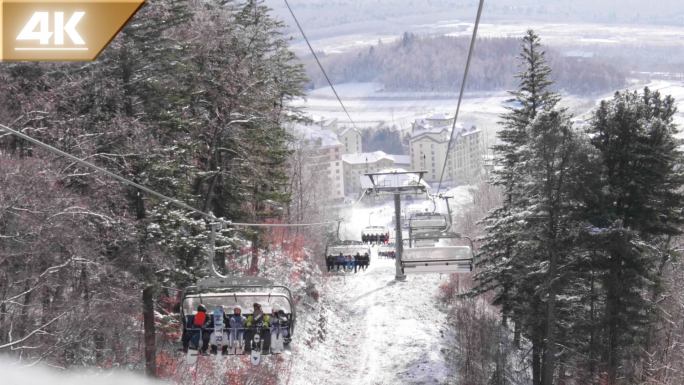 【4K】高清雪景滑雪缆车空境