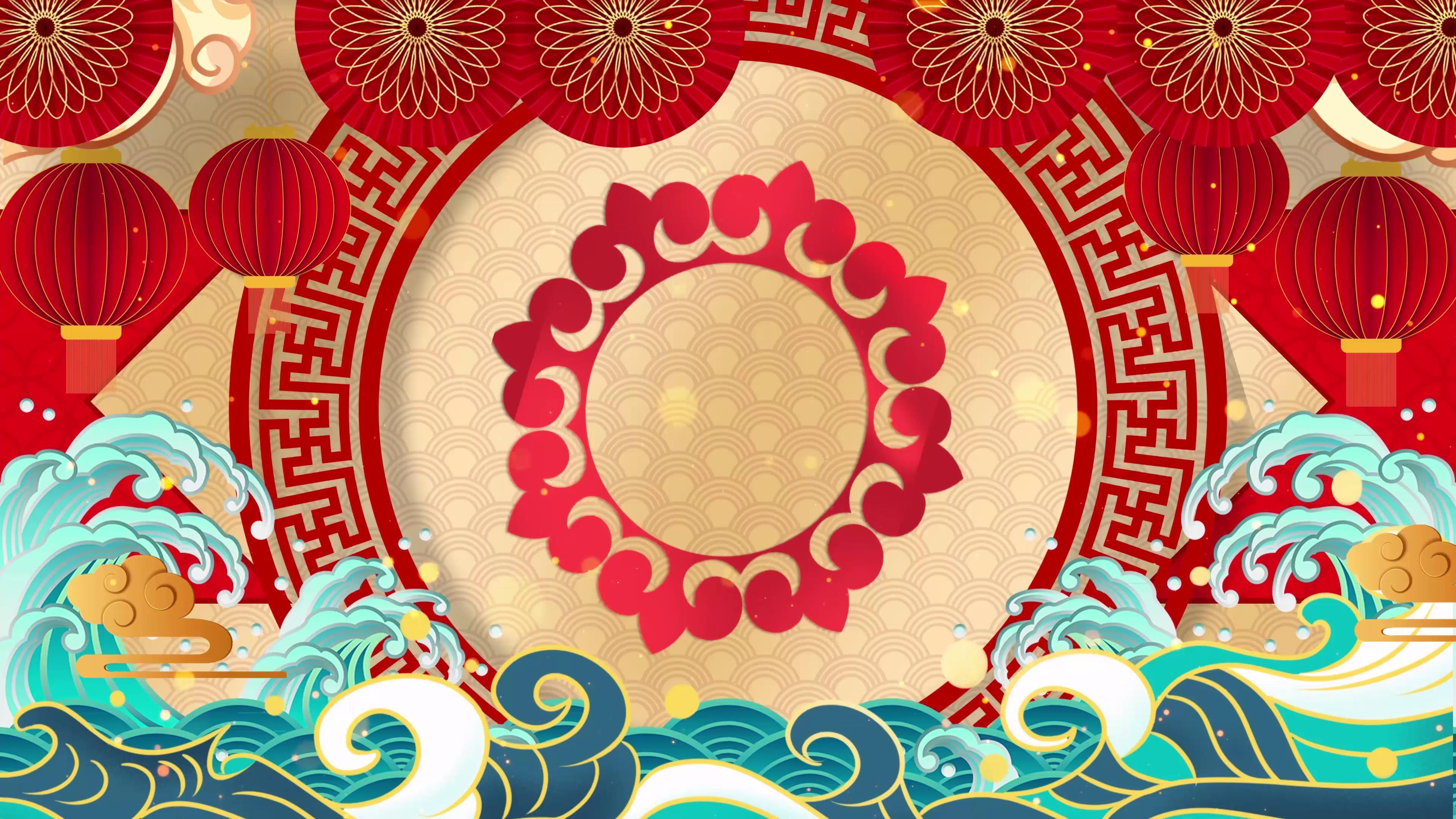 4k国潮新年喜庆红灯笼祥云春节晚会舞台背