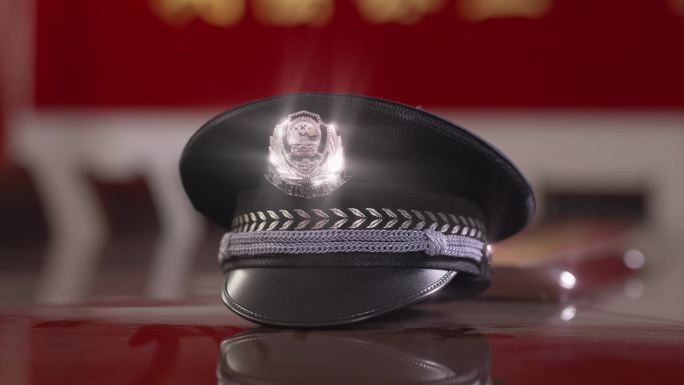 公安警察警帽警徽特写实拍