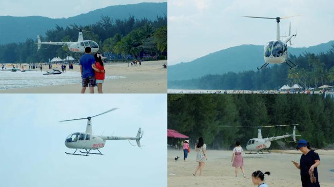海边沙滩上起飞降落直升机驾驶摩托艇