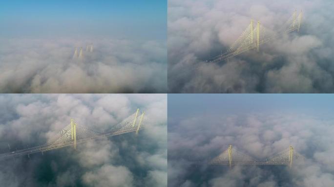 4K航拍平流雾襄阳汉江卧龙大桥斜拉索桥