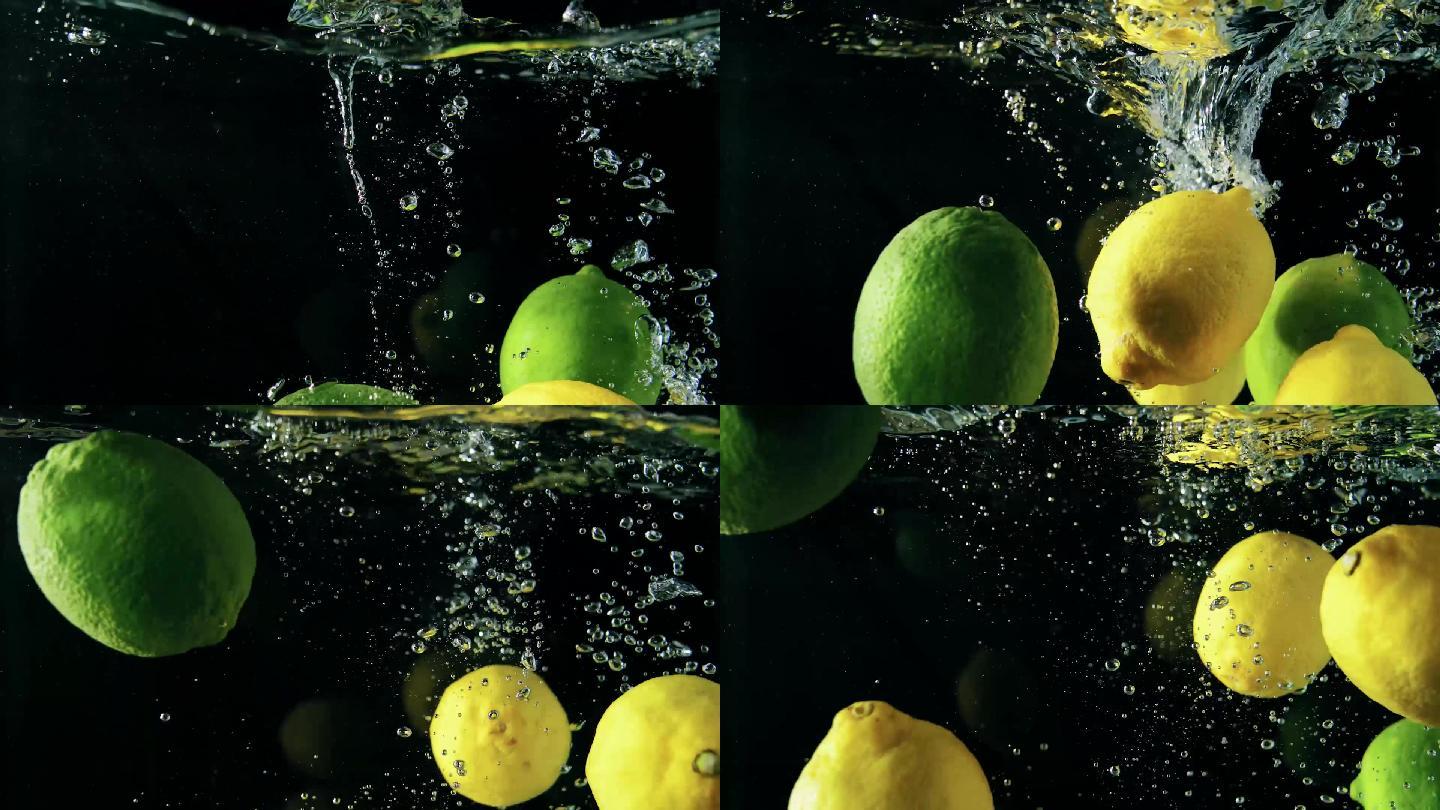 柠檬掉落水中慢动作