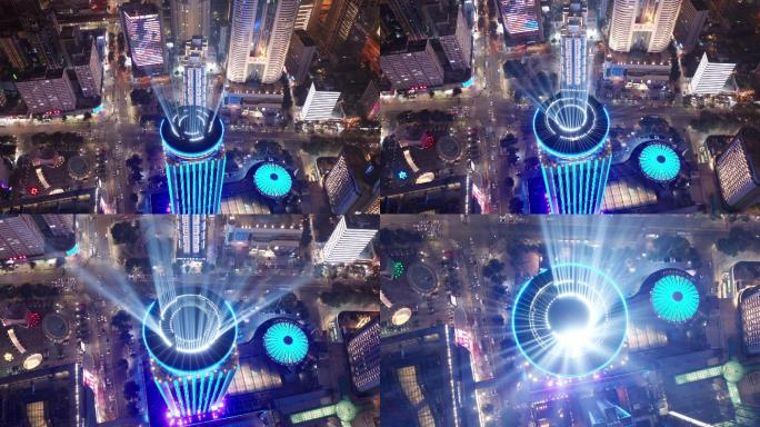 4k航拍深圳国贸商业大厦夜景俯视拉近