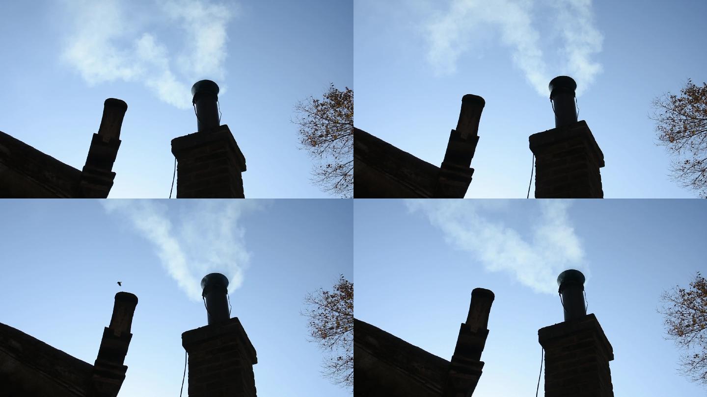 1080P蓝天下冒烟的烟囱和飞鸟空镜头