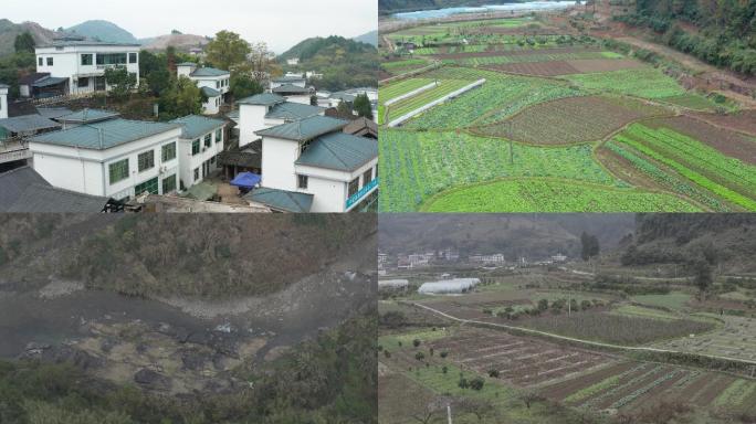 乡村航拍(溪水、住房、蔬菜地）