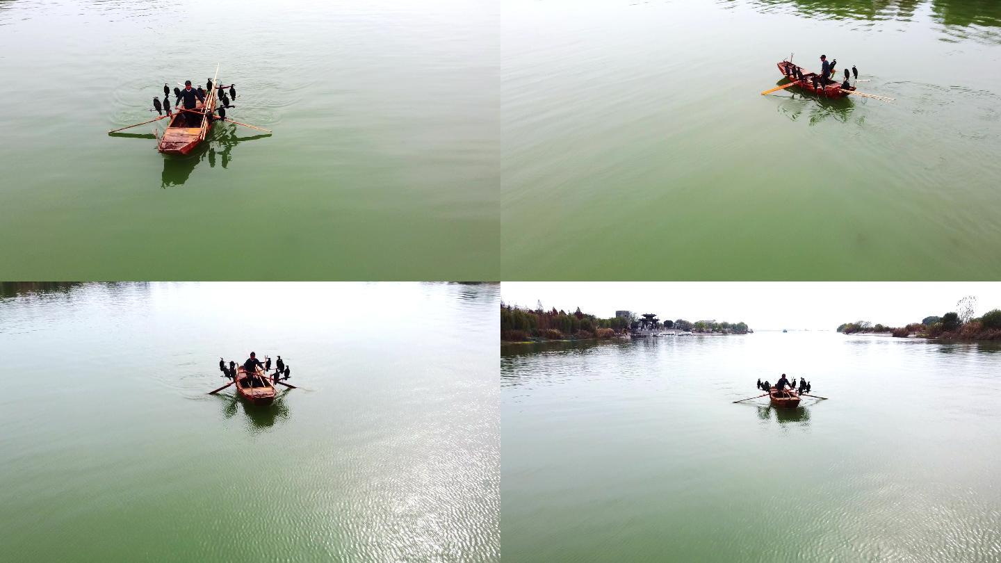 京杭大运河拍航拍渔夫、鸬鹚