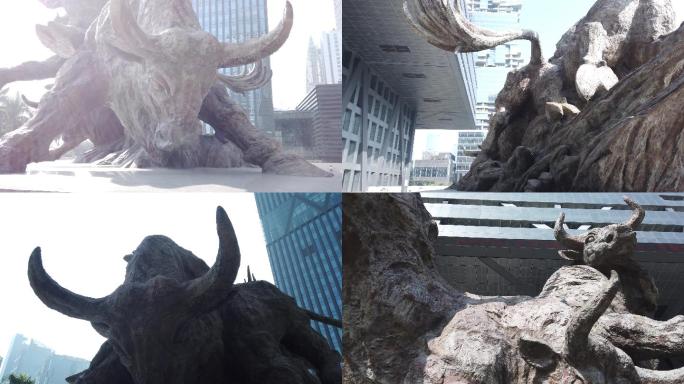 4K超清实拍证券大厦劲牛雕塑