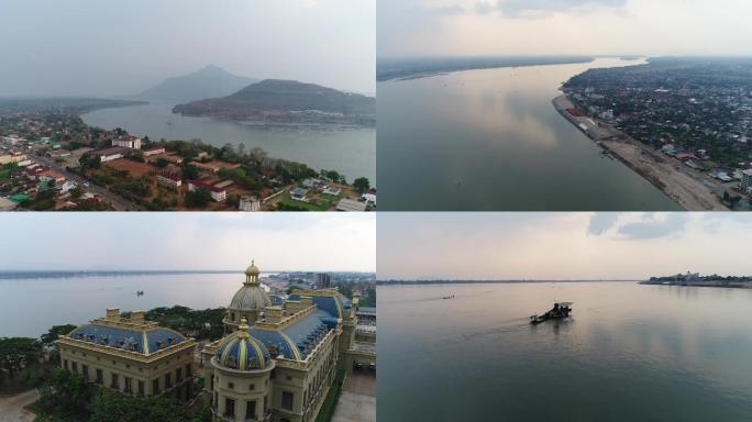 越南八色市旁湄公河流域捕鱼船只航拍