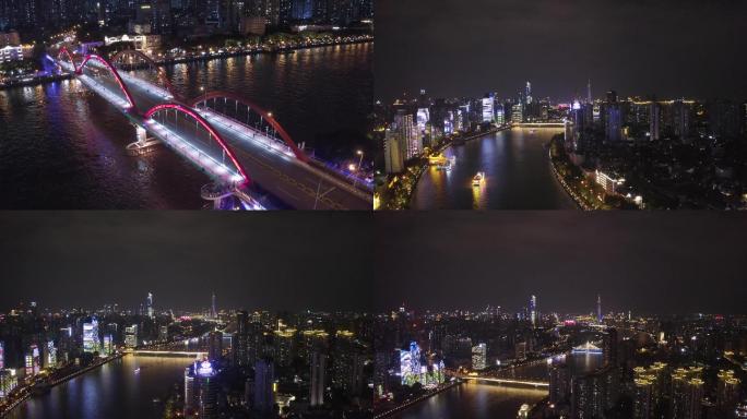 广州海珠桥解放大桥广州塔夜景4K航拍