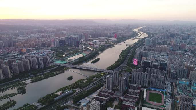 航拍太原汾河东西两岸