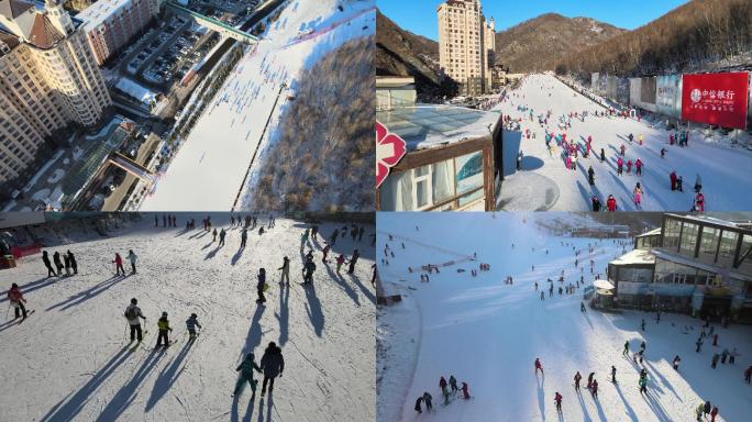 万龙度假景区冬季滑雪初级道酒店航拍视频