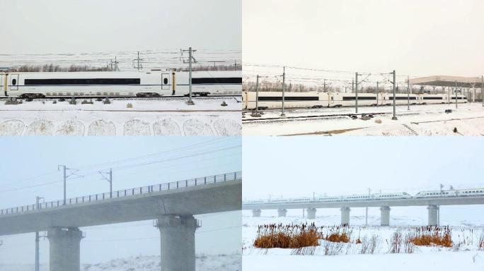 高寒动车组哈大高铁冬季雪景高铁运行