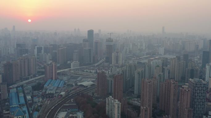 4K原素材-航拍上海静安区城市全景