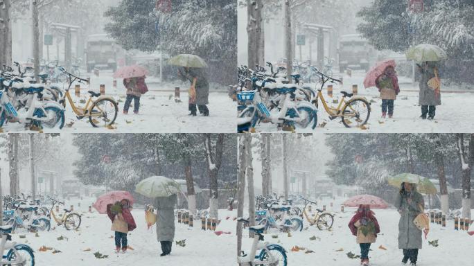 4K母女在风雪中街头玩耍一组