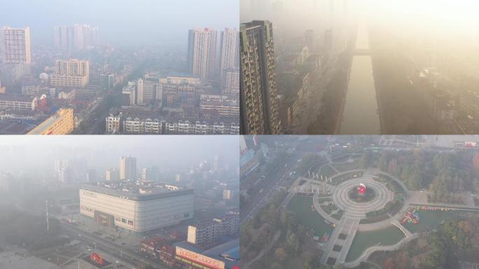 环境保护城市雾霾下的仙桃航拍