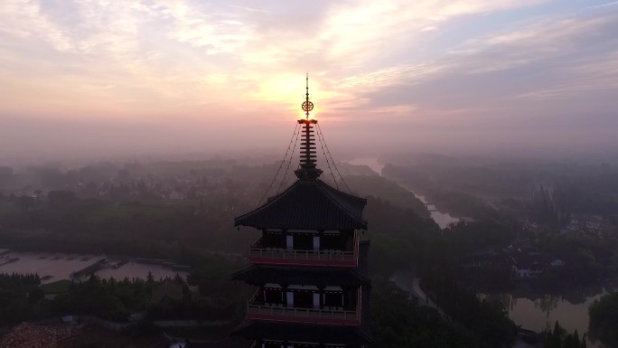 高清朝霞扬州大明寺航拍