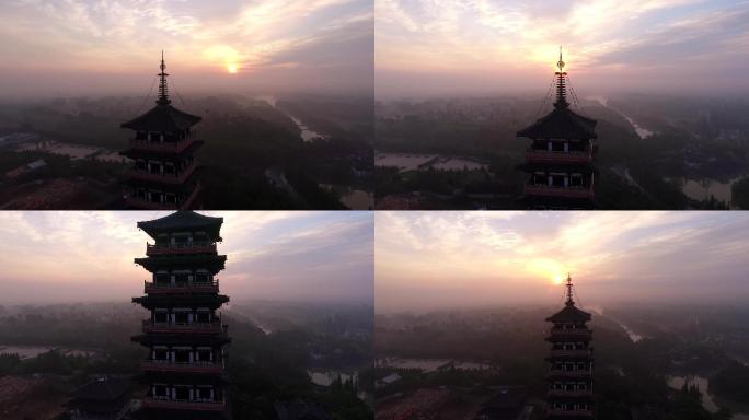 高清朝霞扬州大明寺航拍