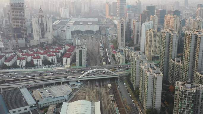 4K原素材-航拍上海上海静安区城市全景