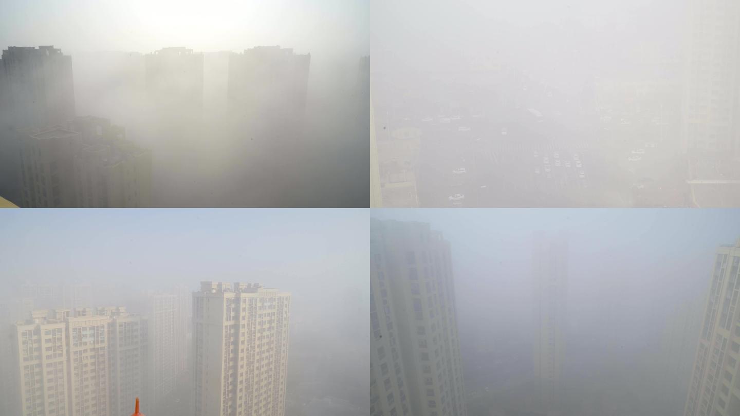 4K城市大雾天气小区楼房在大雾中若隐若现