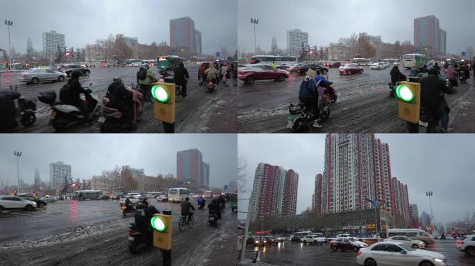 雪天-城市交通十字路口
