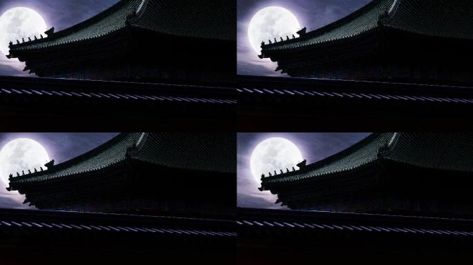 月下，古代月夜，中式建筑，屋檐月亮