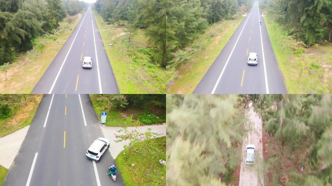 使用无人机跟随汽车进行公路景色拍摄