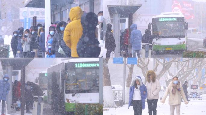 下雪啦~唯美城市雪景-大雪中的公交站
