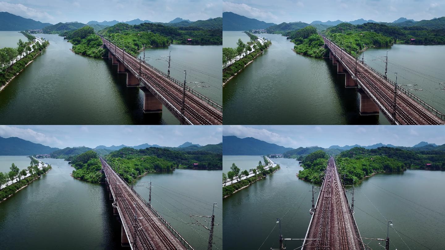 刚构铁路桥跨湖桥穿越山水同框航拍