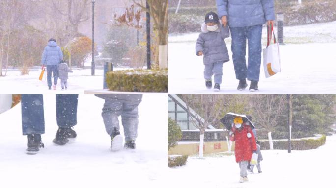 冬天大雪奶奶和孙子背影祖孙儿童童年老人