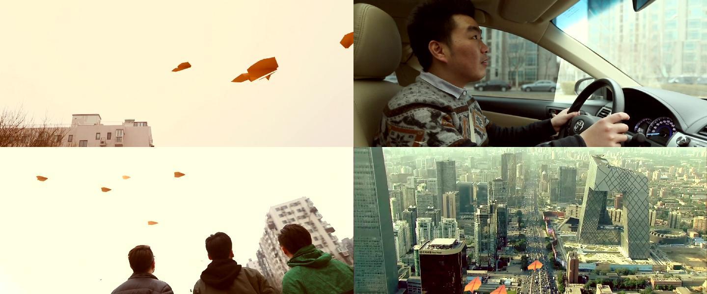 纸飞机飞翔在北京城市上空