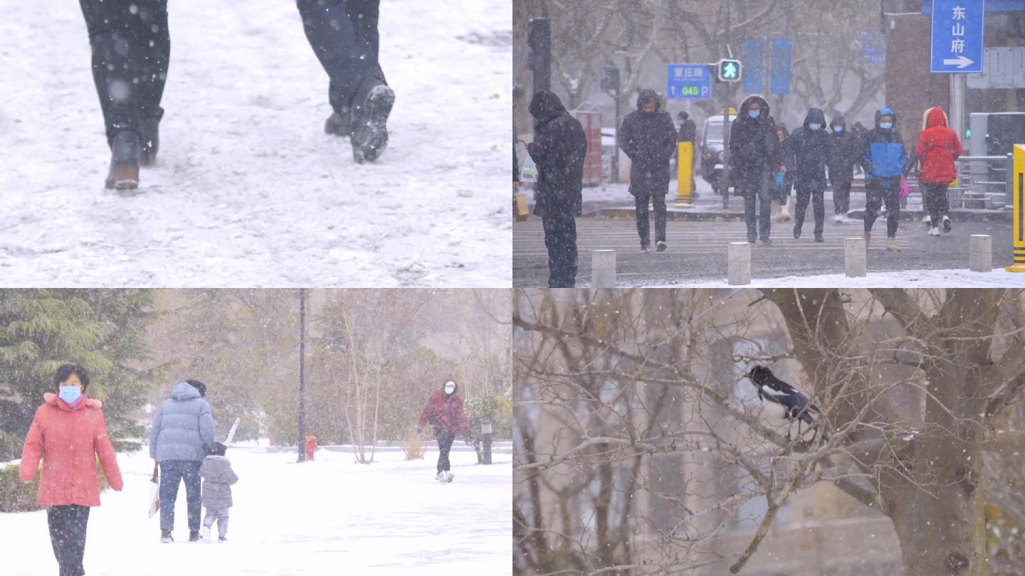 唯美冬天雪景-城市下雪街道行人玩雪生活