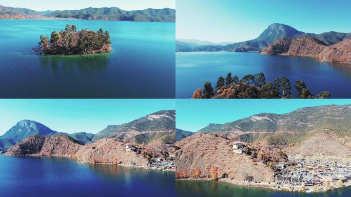 云南泸沽湖情人滩孤独的小岛航拍