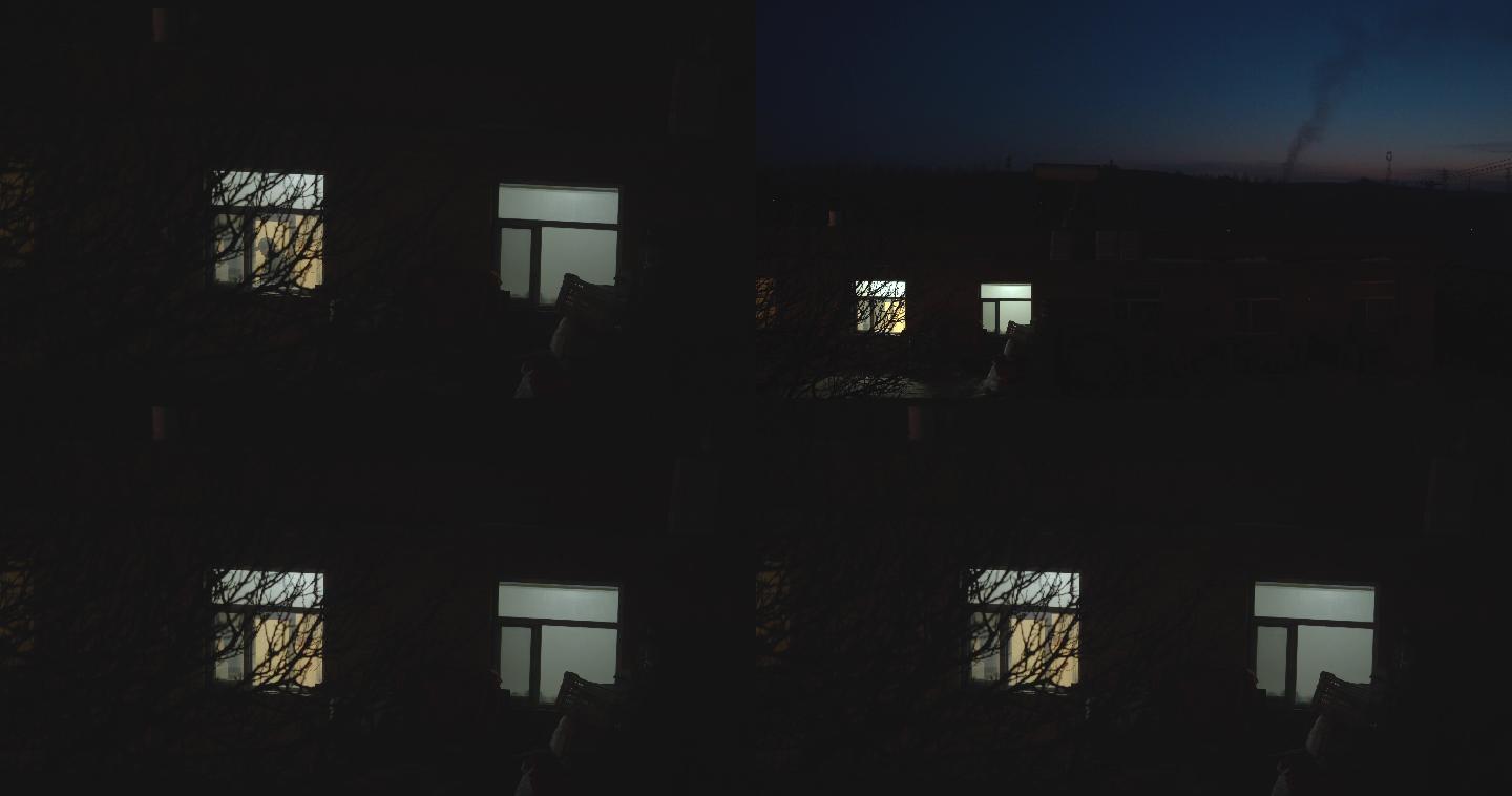 农村夜晚窗户、乡村院子
