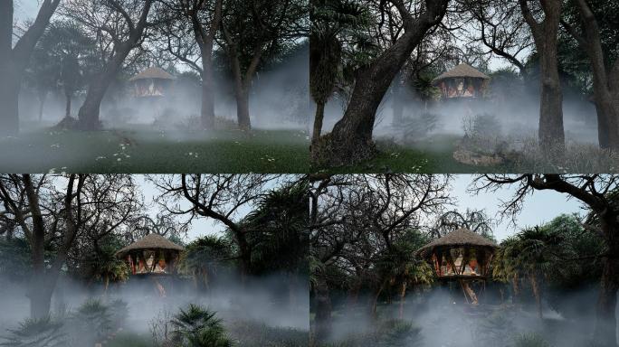 森林清晨雾气林中小屋别墅度假酒店