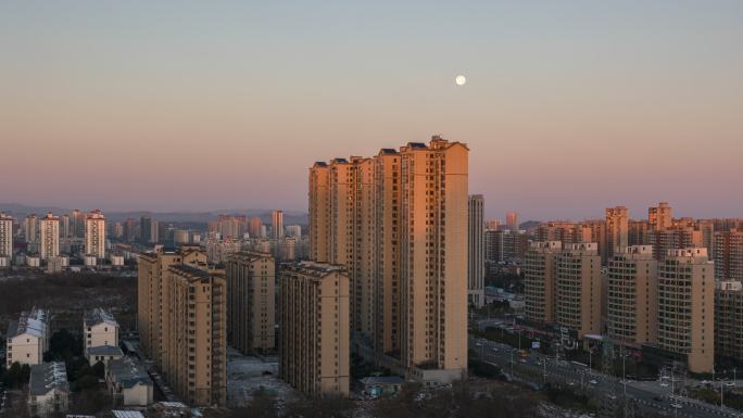 河南省信阳市城市天际线月落夜转日4K延时