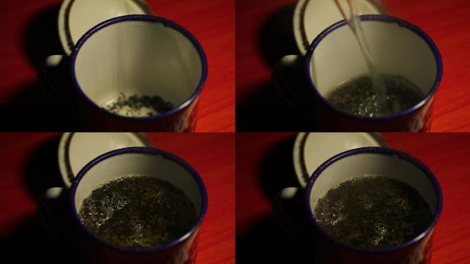 搪瓷茶缸放茶叶倒热水泡茶