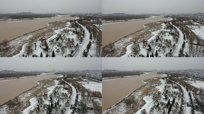 山东济南：航拍大大雪后济南黄河百里风景区