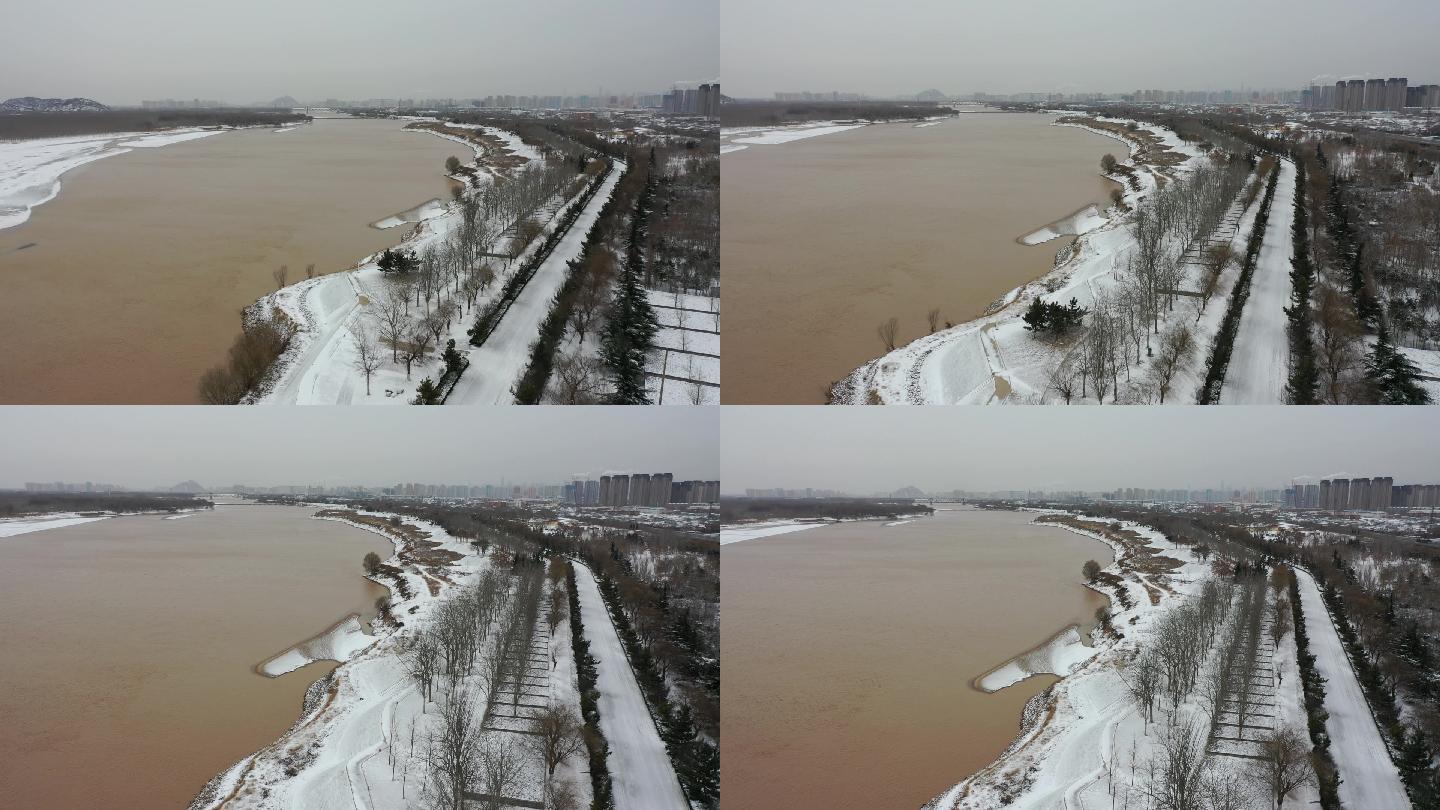 山东济南：航拍大大雪后济南黄河百里风景区