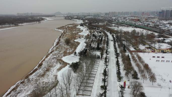 山东济南：航拍济南黄河百里风景区雪景