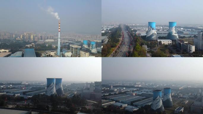 发电厂冷却塔烟囱全景航拍4K