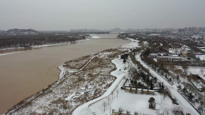 山东济南：航拍济南黄河百里风景区雪景