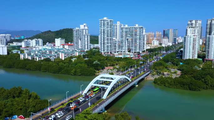 三亚城市月川桥三亚河航拍4K