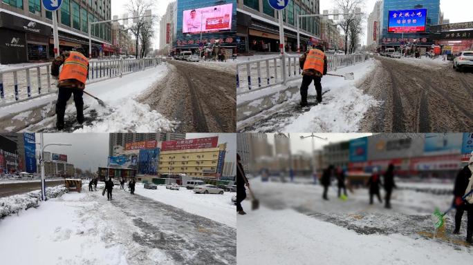 下雪天气扫雪除雪清理路面积雪实拍素材