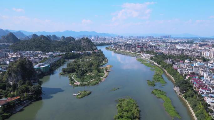 桂林漓江风光风景区航拍蓝天白云城市景色